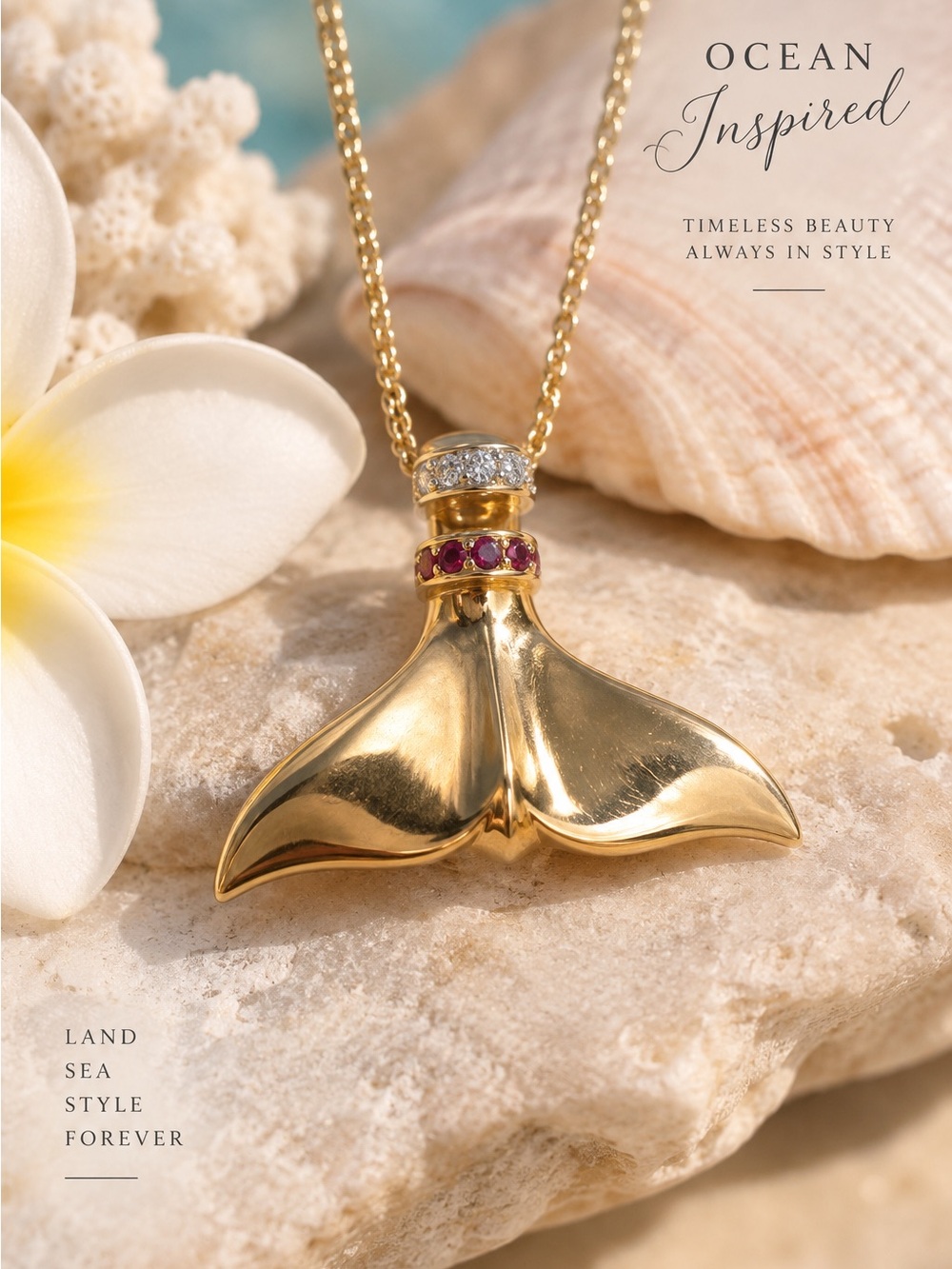 Gold Whale Tail Pendant Necklace with Ruby and Diamond Accents